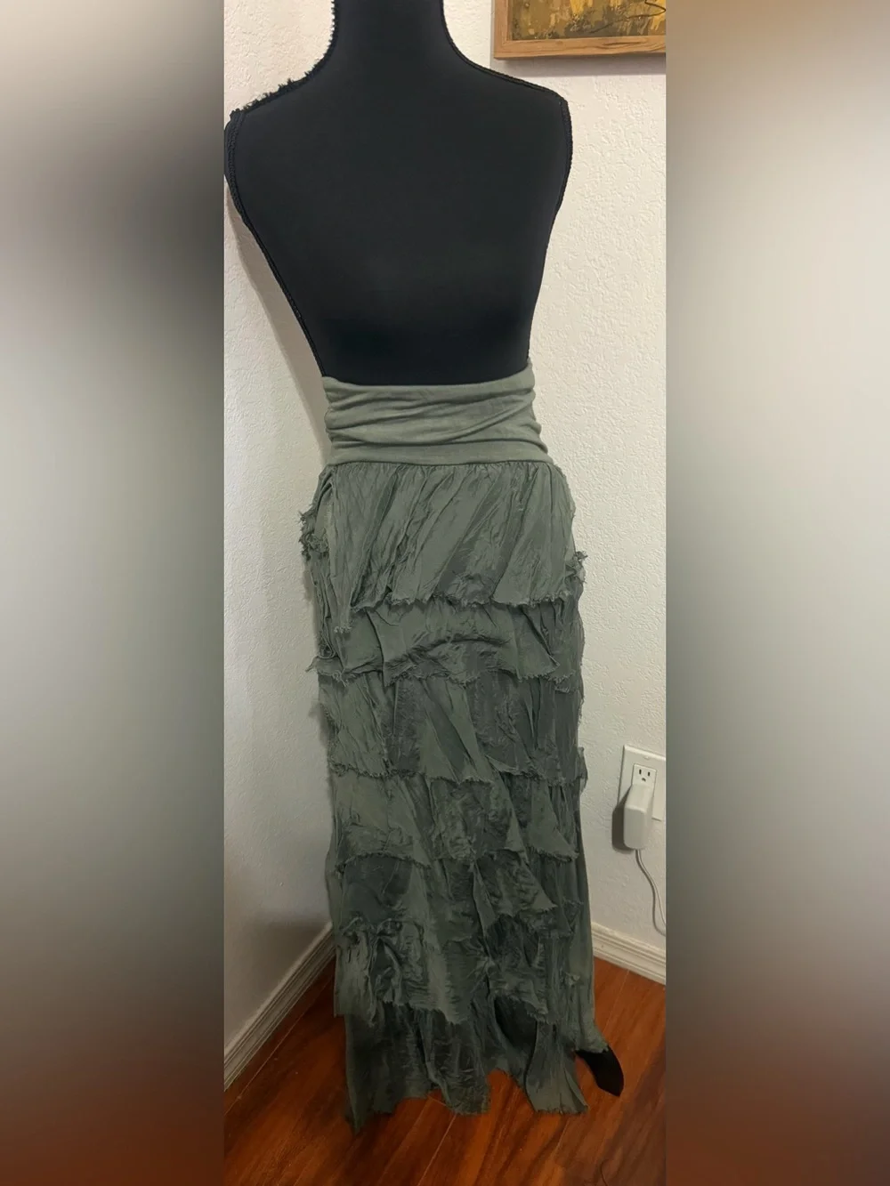 Vintage Made in Italy Silk Tiered Ruffle Maxi Skirt - Olive Green - Small